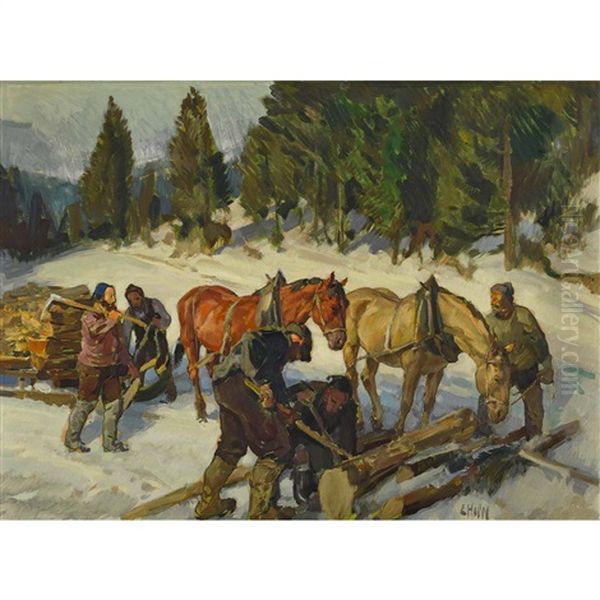Holzarbeiter Am Winterlichen Waldrand Oil Painting by Ernst Hodel the Younger