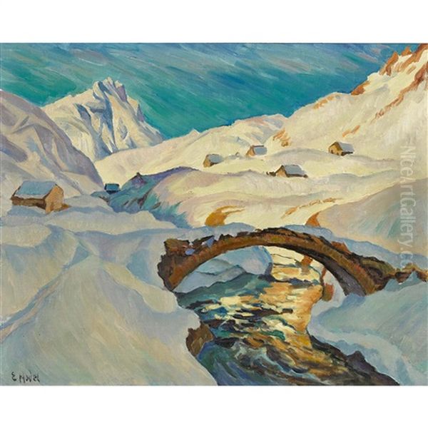 Winterliche Berglandschaft Mit Tendlenbrucke Bei Zumdorf Oil Painting by Ernst Hodel the Younger