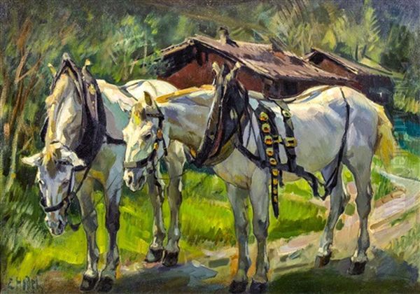 Zwei Schimmel In Fuhrgeschirr Oil Painting by Ernst Hodel the Younger