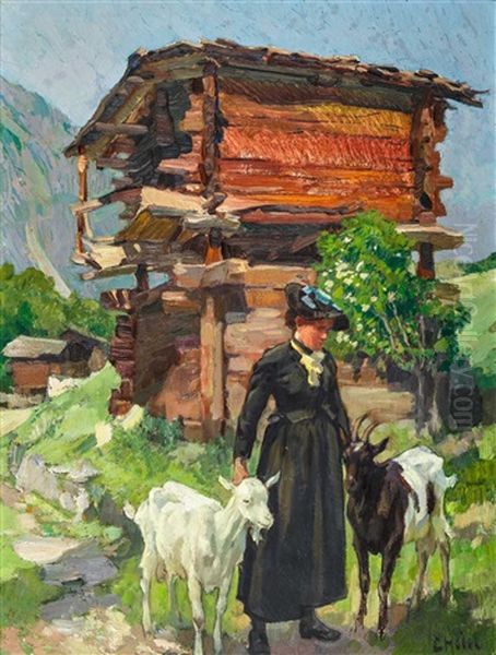 Walliserin Mit Ziegen Oil Painting by Ernst Hodel the Younger