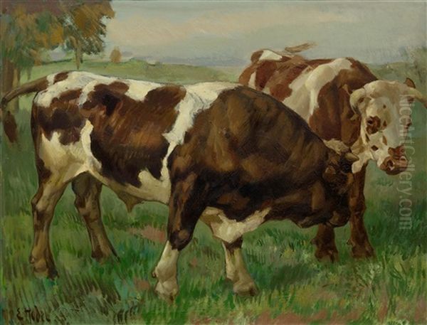 Bull And Cow In A Meadow Oil Painting by Ernst Hodel the Younger