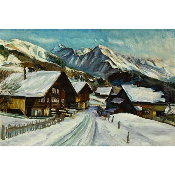 Winterlandschaft Mit Chalets Und Bergkette Oil Painting by Ernst Hodel the Younger