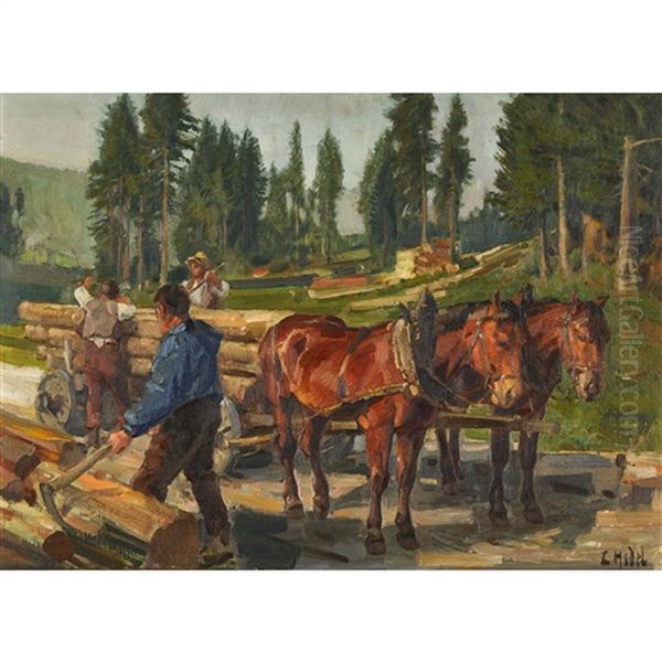 Die Holzarbeiter Oil Painting by Ernst Hodel the Younger
