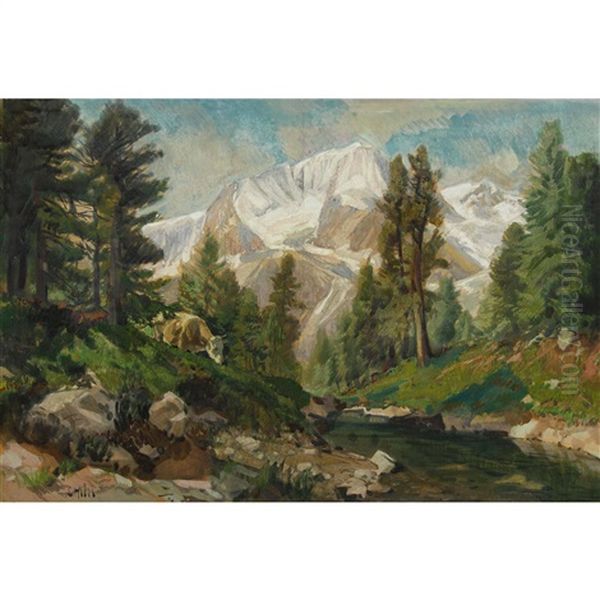 Gebirgsbach Mit Kuhen Und Vergletscherter Bergkette Oil Painting by Ernst Hodel the Younger