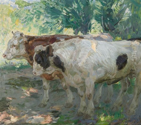Zwei Jungstiere Im Schatten Eines Baumes Oil Painting by Ernst Hodel the Younger