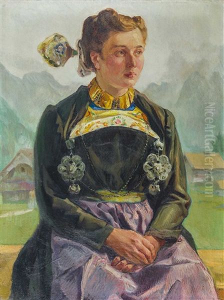 Engelberger Trachtenfrau Vor Bergkulisse Oil Painting by Ernst Hodel the Younger