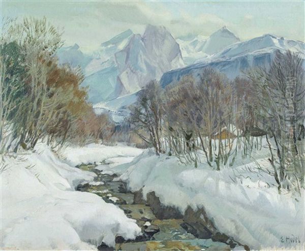 Hohfluh Hasliberg Im Winter Oil Painting by Ernst Hodel the Younger