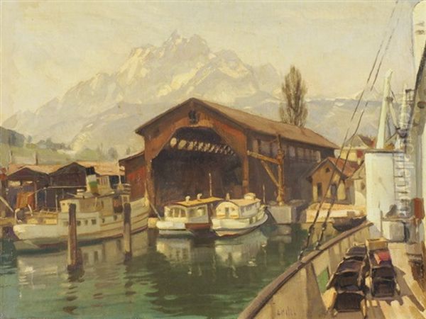 Blick Auf Die Alte Schiffswerft In Luzern Und Den Verschneiten Pilatus Oil Painting by Ernst Hodel the Younger