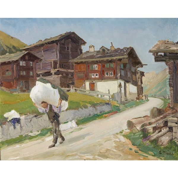 Bergdorf Mit Beladenem Bauer Oil Painting by Ernst Hodel the Younger