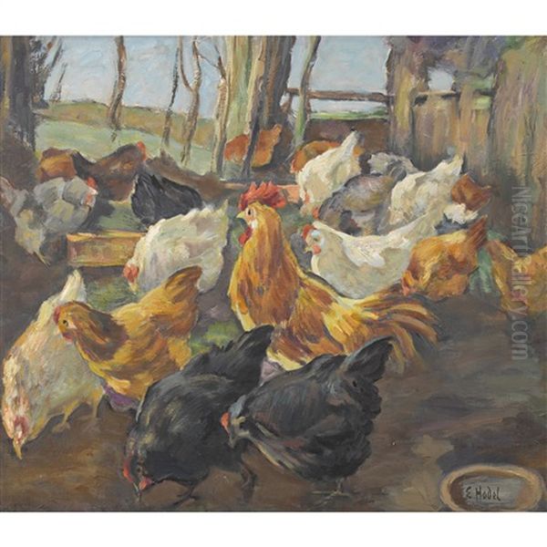 Huhnerhof Oil Painting by Ernst Hodel the Younger