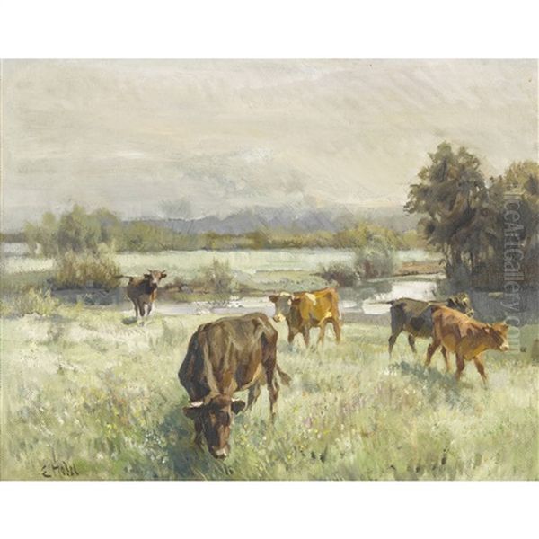 Weidende Kuhherde Oil Painting by Ernst Hodel the Younger