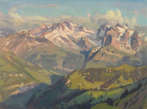 Gebirgspanorama Mit Wallenstocken Und Rotstock Oil Painting by Ernst Hodel the Younger