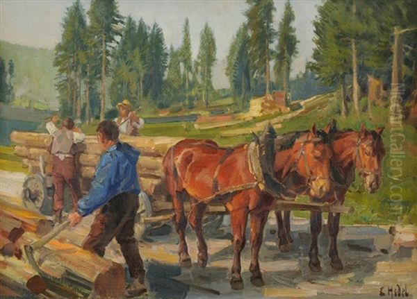 Holzfaller Mit Pferdegespann Oil Painting by Ernst Hodel the Younger