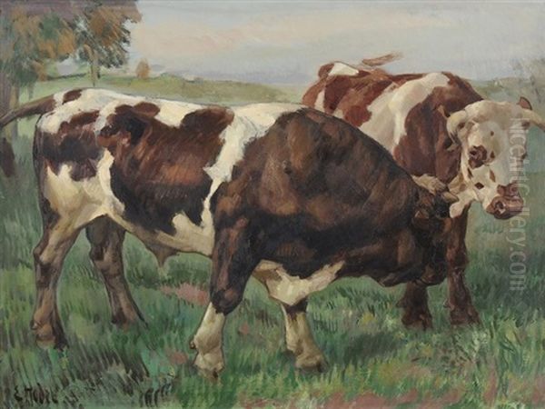 Kuh Und Stier Auf Der Weide Oil Painting by Ernst Hodel the Younger