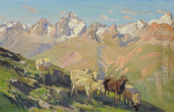 Schafherde Auf Der Alp, Vor Bergpanorama Oil Painting by Ernst Hodel the Younger