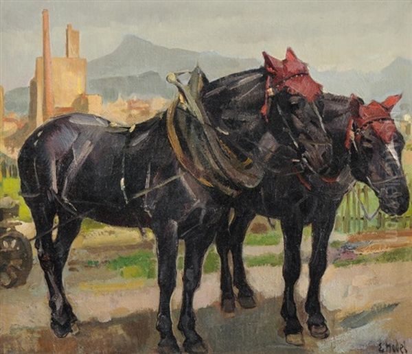 Pferdegespann Bei Luzern, Im Hintergrund Die Rigi Oil Painting by Ernst Hodel the Younger