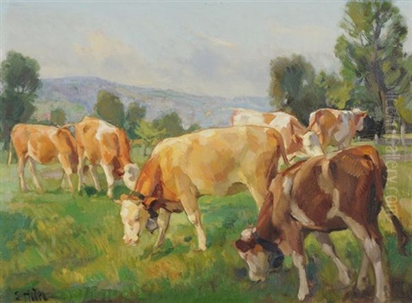Kuhe Auf Der Weide Oil Painting by Ernst Hodel the Younger