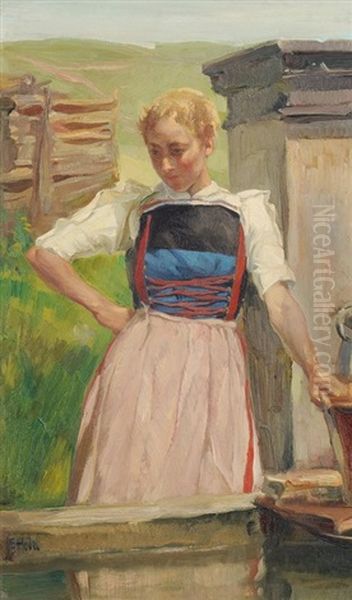 Bauernmadchen Am Brunnen Oil Painting by Ernst Hodel the Younger