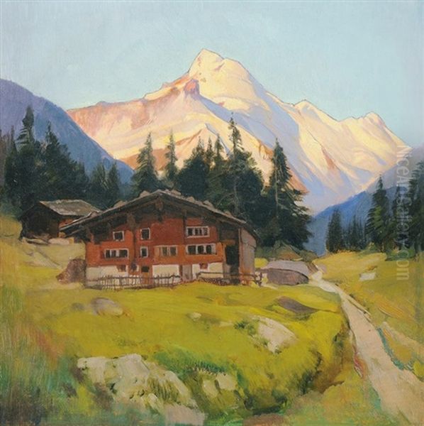 Bauernhaus In Berglandschaft Oil Painting by Ernst Hodel the Younger