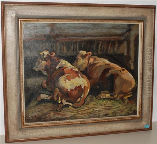 Zwei Kuhe Im Stall Oil Painting by Ernst Hodel the Younger