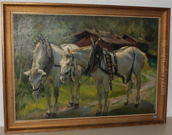 Zwei Geschirrte Zugpferde Vor Dem Anspannen Oil Painting by Ernst Hodel the Younger