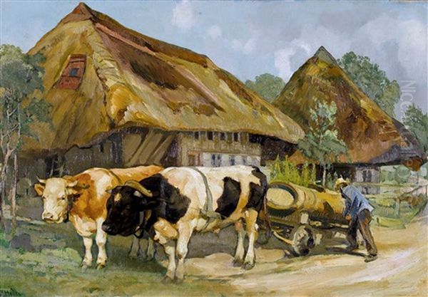 Bauerngehoft Mit Rindergespann Oil Painting by Ernst Hodel the Younger