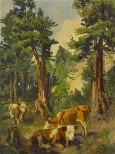 Weidende Kuhe Auf Einer Waldlichtung Oil Painting by Ernst Hodel the Younger