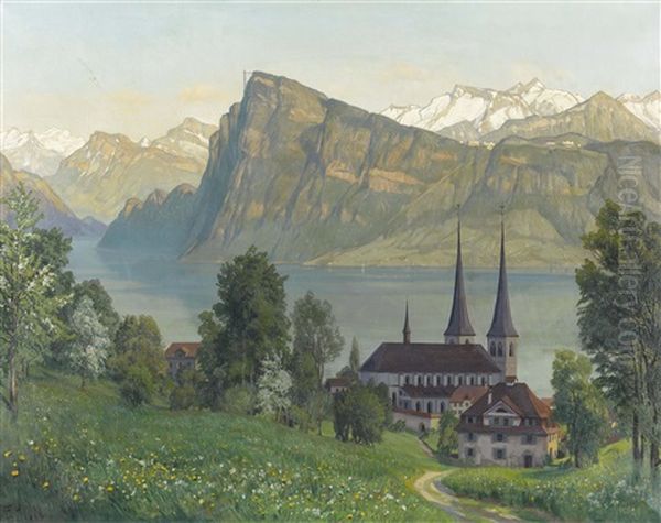 Blick Vom Wesemlin Auf Die Hofkirche Und Den Burgenstock Oil Painting by Ernst Hodel the Younger