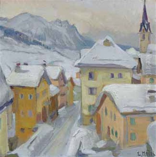 Winter In Savognin Oil Painting by Ernst Hodel the Younger