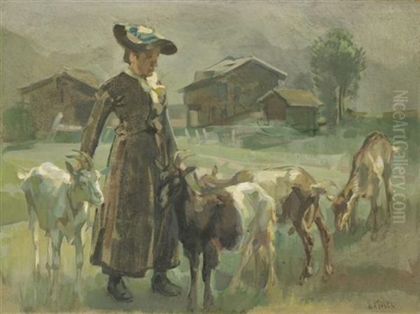 Walliserin Mit Ziegen In Einem Bergdorf Oil Painting by Ernst Hodel the Younger