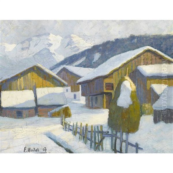 Winterliches Bergdorf Oil Painting by Ernst Hodel the Younger