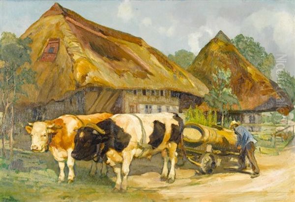 Sommerlicher Bauernhof Mit Ochsengespann Oil Painting by Ernst Hodel the Younger