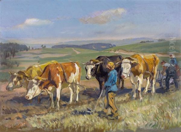 Fruhlingspflugen Oil Painting by Ernst Hodel the Younger