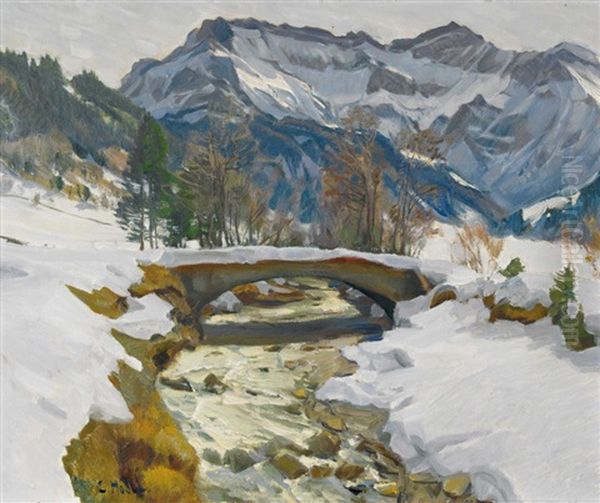 Winterlicher Gebirgsbach Oil Painting by Ernst Hodel the Younger