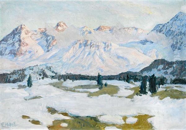 Verschneite Berglandschaft Oil Painting by Ernst Hodel the Younger