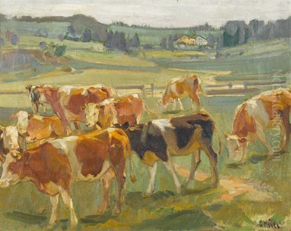 Weidende Kuhherde Oil Painting by Ernst Hodel the Younger