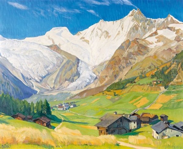 Saas-fee Im Sommer Mit Der Mischabelgruppe Oil Painting by Ernst Hodel the Younger