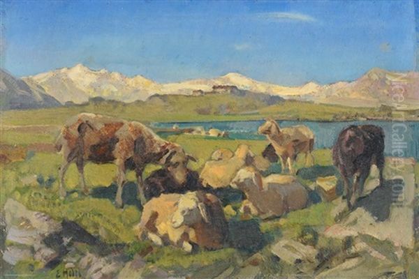 Schafe Im Aostatal Oil Painting by Ernst Hodel the Younger