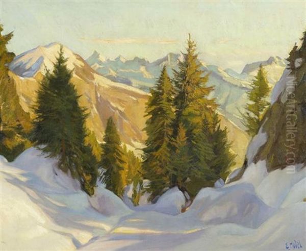 Rigi Und Rothfluh Bei Sonnenuntergang Oil Painting by Ernst Hodel the Younger