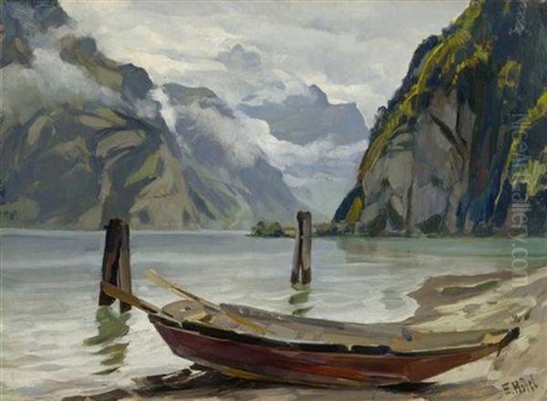 Boot Am Ufer Des Walensees Oil Painting by Ernst Hodel the Younger