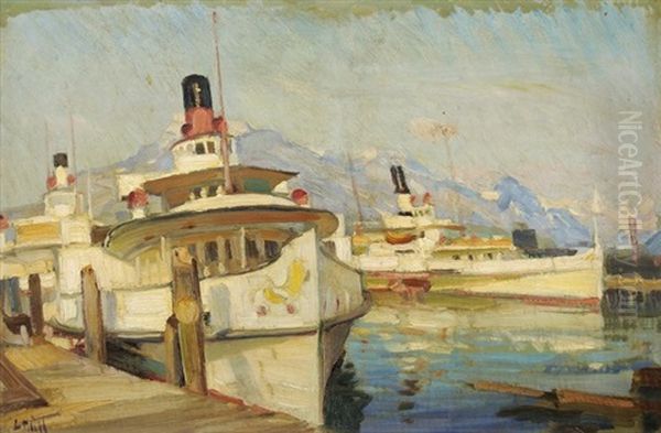 Dampfschiffe An Den Landungsstegen In Luzern, Im Hintergrund Die Rigi Oil Painting by Ernst Hodel the Younger