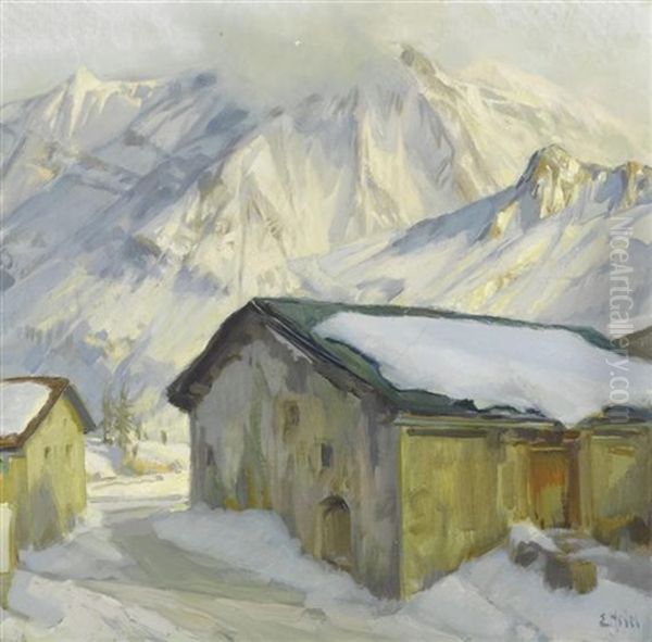 Sonnige Schneelandschaft Mit Hausern Oil Painting by Ernst Hodel the Younger
