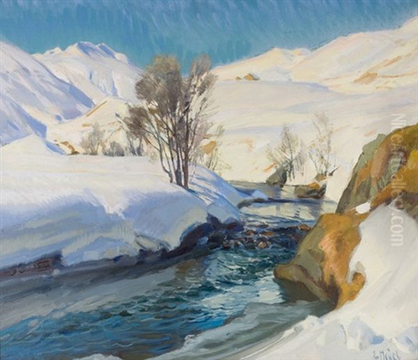 Die Reuss Im Gotthardgebiet Im Winter Oil Painting by Ernst Hodel the Younger