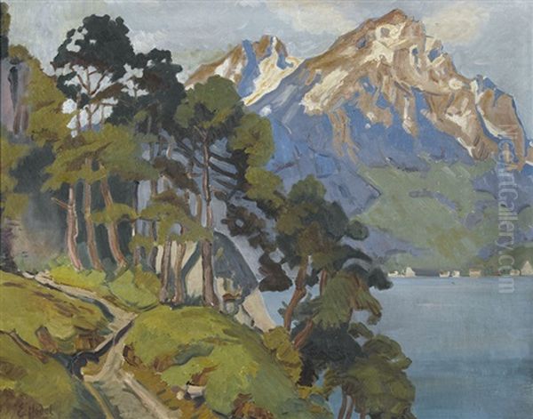 Uferweg Oberhalb Eines Bergsees Oil Painting by Ernst Hodel the Younger