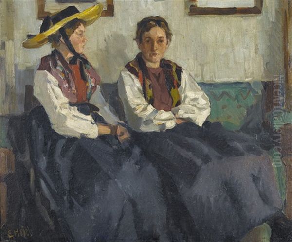 Zwei Sitzende Trachtenfrauen Oil Painting by Ernst Hodel the Younger