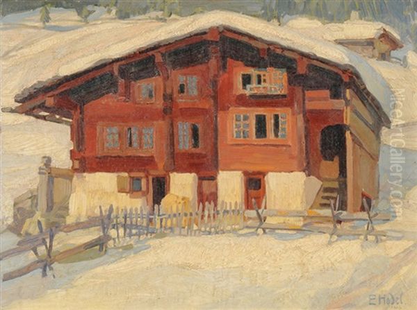 Chalet In Winterlandschaft Oil Painting by Ernst Hodel the Younger