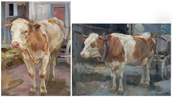 Hausrind Vor Stallung (+ Kuh Vor Holzkarren, Oil On Canvas Laid On Artist Board, Smllr; 2 Works) Oil Painting by Ernst Hodel the Younger