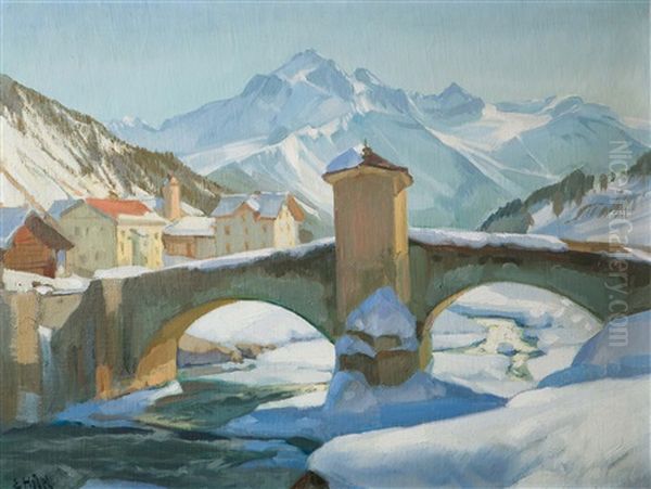 Savognin Mit Punt Crap Und Piz D'err Im Winter Oil Painting by Ernst Hodel the Younger