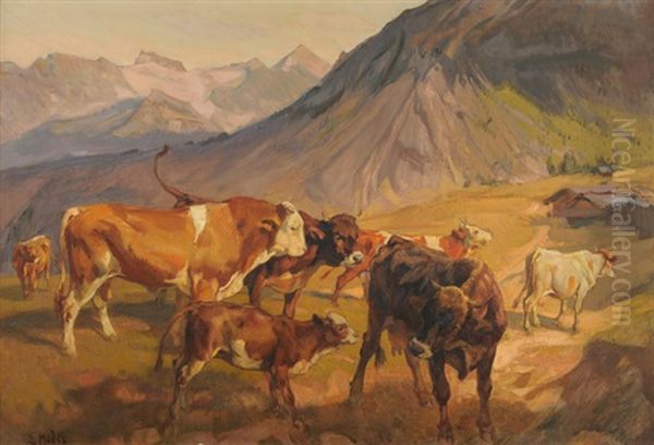 Kuhe Auf Der Alp Oil Painting by Ernst Hodel the Younger