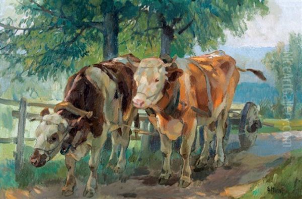Zwei Rinder In Der Mittagssonne Oil Painting by Ernst Hodel the Younger